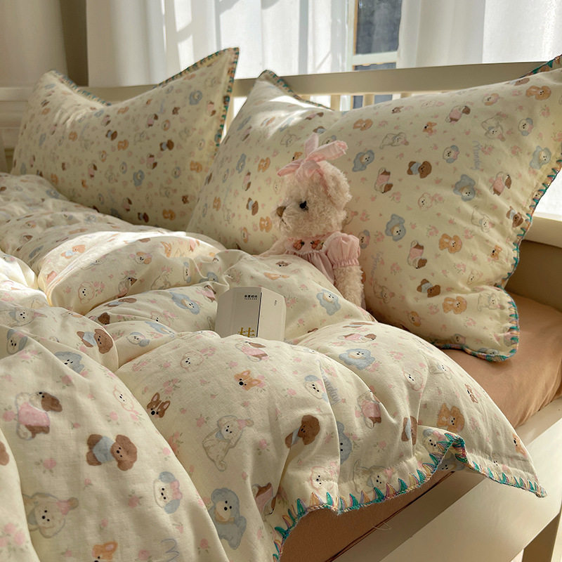 Cross-border Class A Mother and Child Shell Edge Cotton Aerobic Double-layer Yarn Four-piece Set Children's Cartoon Skin-friendly Pure Cotton Three-piece Set