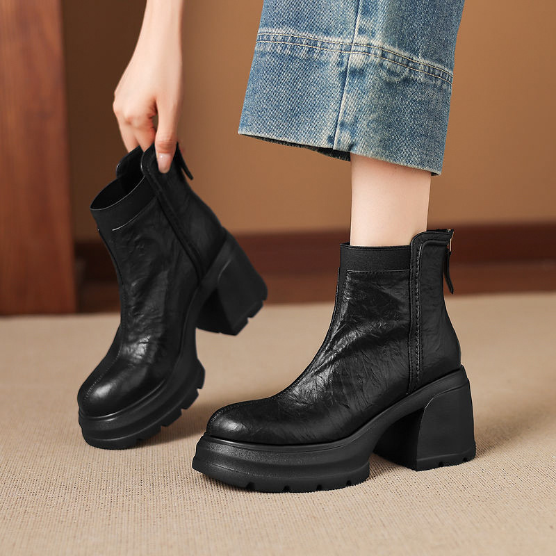 Boot Martin nữ đế dày gót thô 8cm khóa kéo sau dáng ôm chân — Lớp lót đơn màu đen, Lớp lót đơn màu nâu, Lót nhung đen, Lót nhung màu nâu