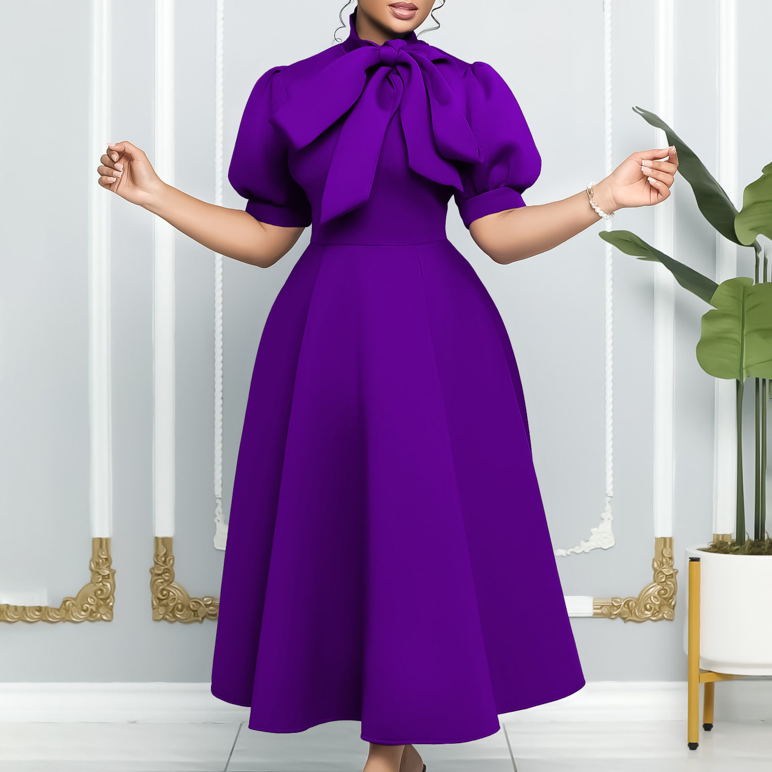 Summer Womens Short Sleeve Bow Tie A Line Party Dress Elegant Design Comfortable Fabric Versatile for Events