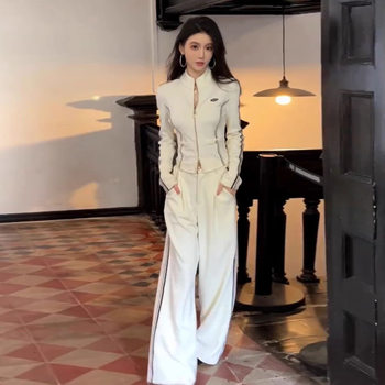 Hong Kong Style Trendy High-End Casual Sports Suit for Women, Autumn Stylish Slim-Fit Sweatshirt and High-Waisted Wide-Leg Pants Two-Piece Set