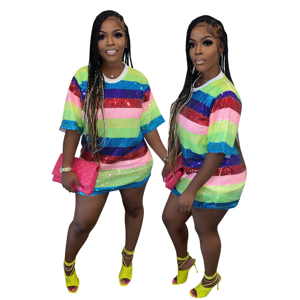 CY9984款欧美时尚圆领半袖宽松珠片印花连衣裙女聚会亮片款夜店风