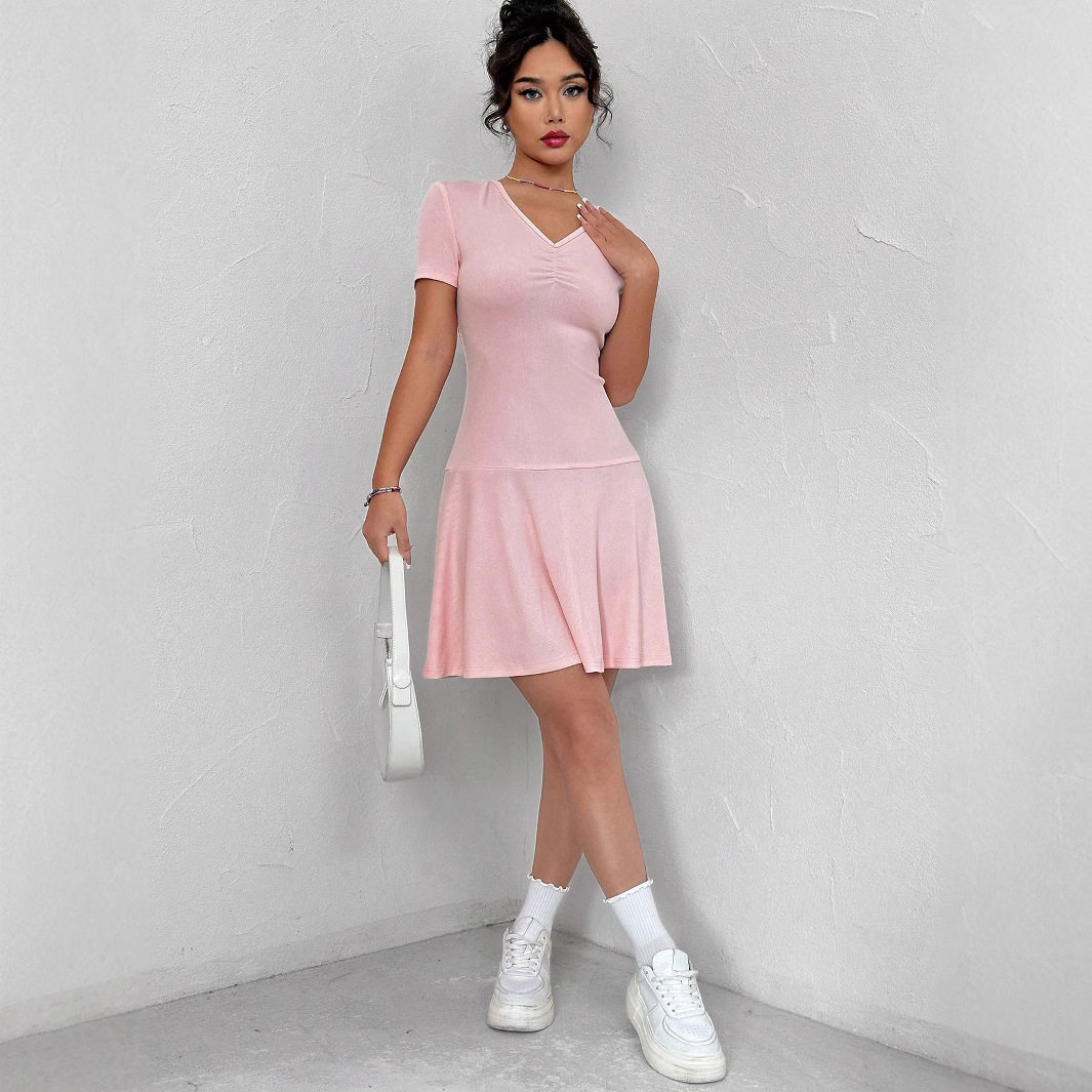 Summer Womens Dress Solid Color V Neck Slim Fit A Line Silhouette Casual Wear Ready to Ship
