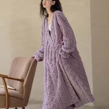 LM Korean style loose robe for pregnant women nursing warm pajamas comfortable cotton velvet lace-up bathrobe postpartum confinement nightgown