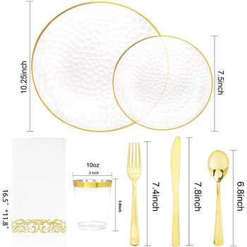 Cross-Border Disposable Tableware Set Transparent Gold Edge Satin Plate Hammer Forged Plate Dessert Plate Cup Knife Fork Spoon Napkin