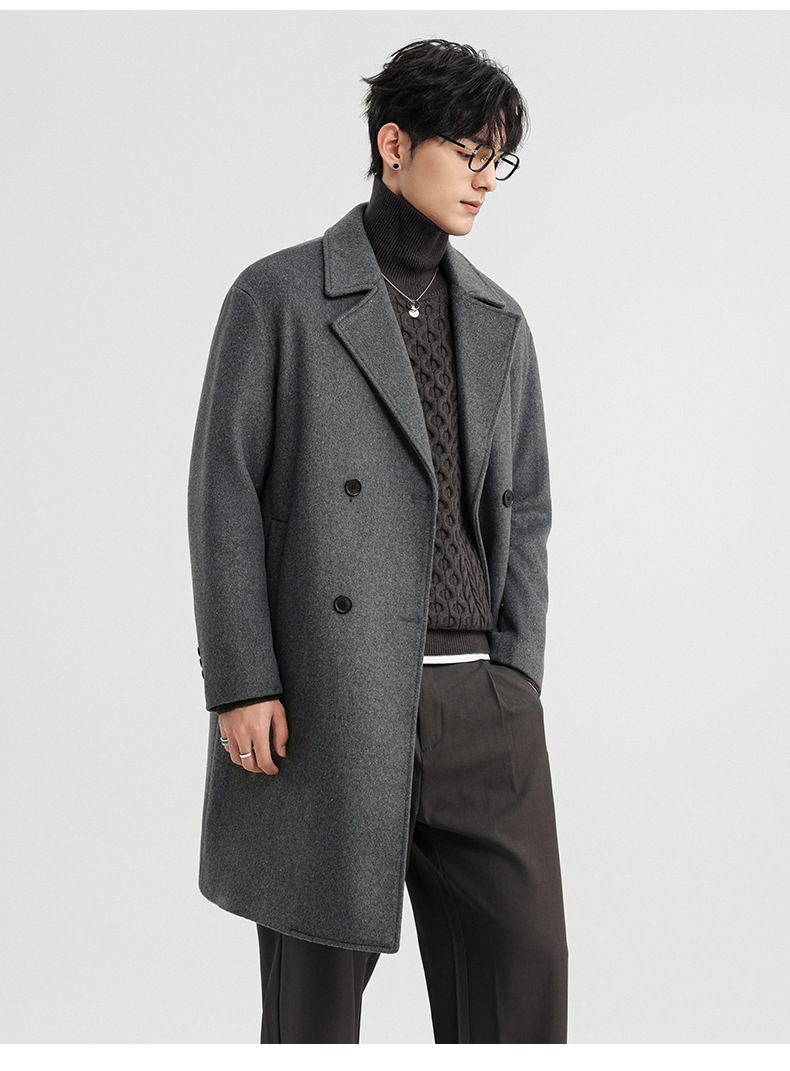 Áo khoác dạ len cashmere nam dáng dài hai hàng khuy mùa đông — Màu Xám (không bao gồm áo vest), Cà phê đậm (không bao gồm áo vest), Cà phê đậm (có áo VEST), Màu đen (có áo VEST)