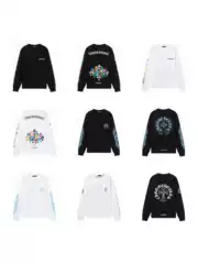 Ch Crowe Long-Sleeved T-Shirt with Cross Logo Print, Unisex, Autumn and Winter, Loose Casual American Style Trendy T-Shirt