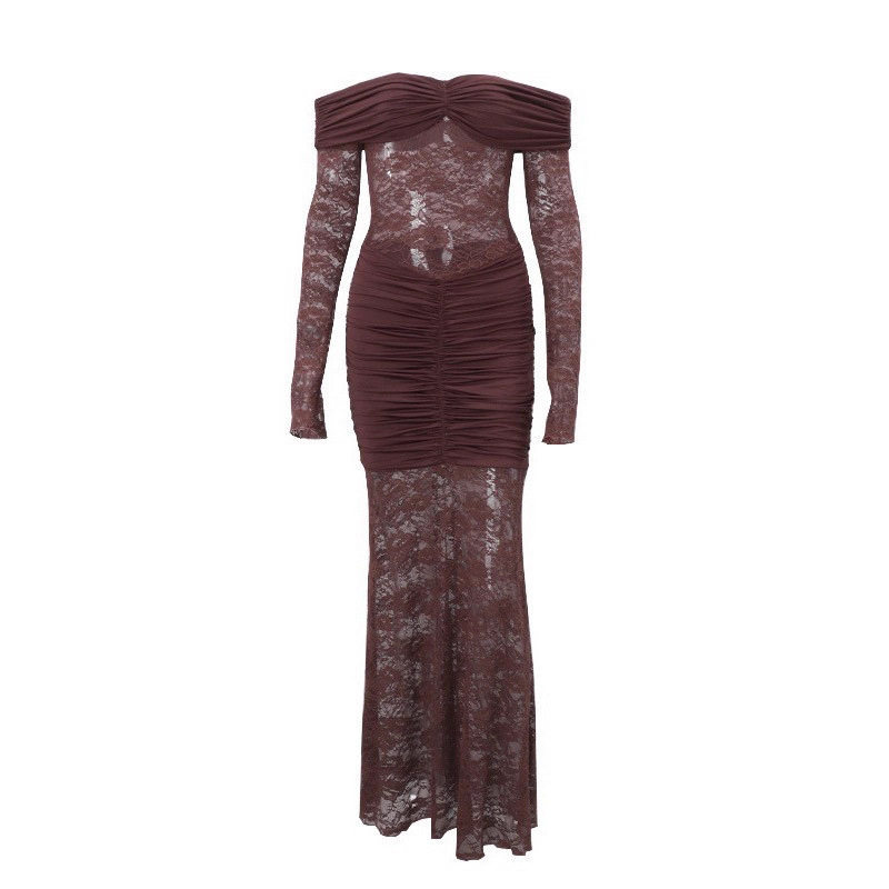 Off Shoulder Lace Trimmed Bodycon Dress Long Sleeve Ruffled Design Elegant Style Perfect for Autumn Events