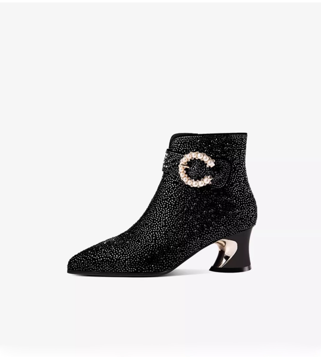 Boot nữ cổ thấp mũi nhọn gót thô đính pha lê phối khóa kéo bên — Màu đen, Màu vàng
