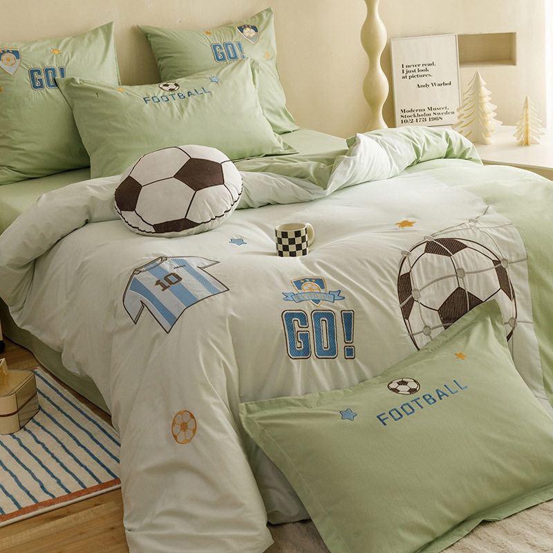 Football boy Cotton Washed Cotton Cartoon Four-piece Set Maternal and Infant Grade A Pure Cotton Quilt Cover Bed Sheet Children's Bedding