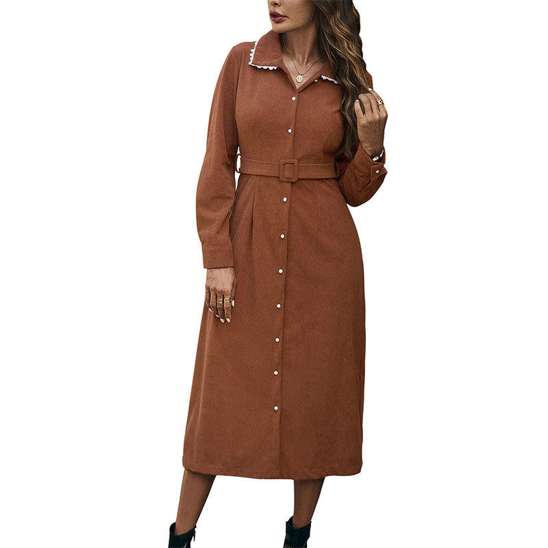 Corduroy Shirt Dress Vintage Floral Lace Collar Casual Elegance for Spring and Autumn Wholesale Available