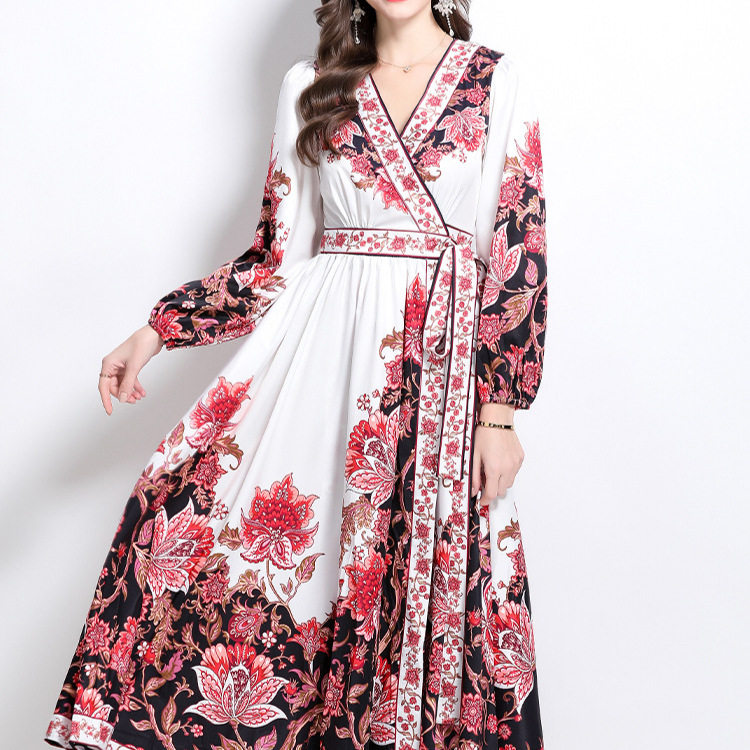 Vintage Floral Print Maxi Dress for Women Cross V Neck Waist Tie Lantern Sleeves Elegant Evening Wear Wholesale