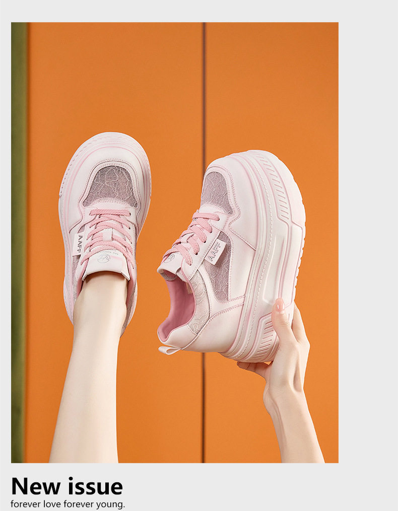 Giày platform nữ đế xuồng trắng thoáng khí, gót siêu cao 8 cm, mũi tròn, dây buộc phía trước — Xanh dương, Hồng, Xám, Trắng chi tiết 17