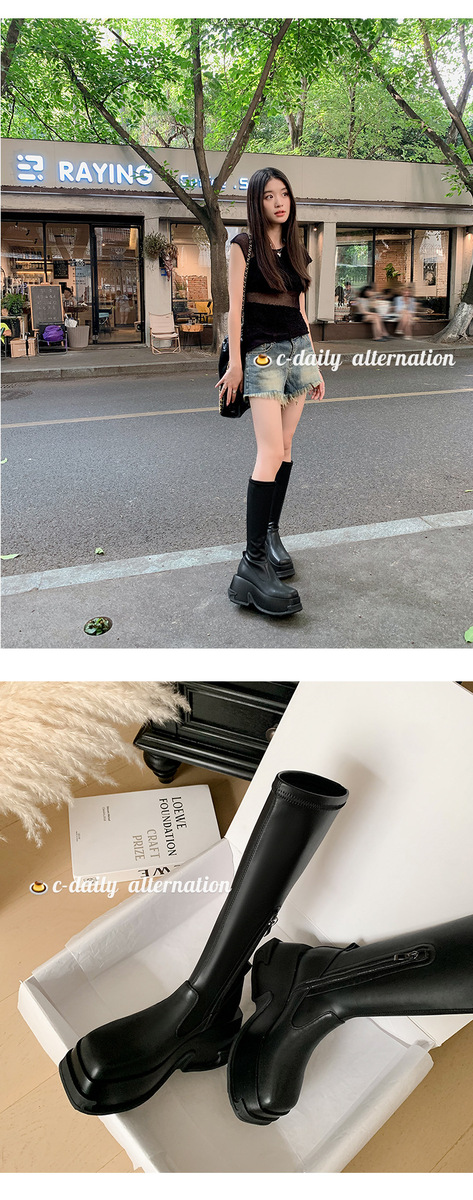 Boot nữ cổ cao ôm bắp chân gót vuông 9cm tăng chiều cao, đế dày chống trượt — Da sáng chế màu đen lót nhung ống nhỏ, Lót nhung ống nhỏ màu be, Màu đen bằng sáng chế da ống nhỏ bên trong, Màu đen da bò ống nhỏ lót một lớp