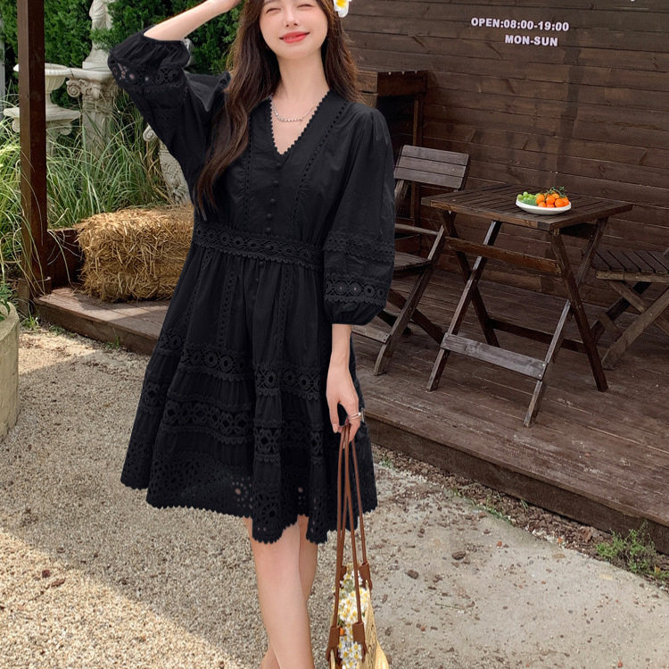 Womens Long Sleeve Dress French Style Slim Fit V Neck Lace Button Closure Perfect for Casual or Formal Occasions