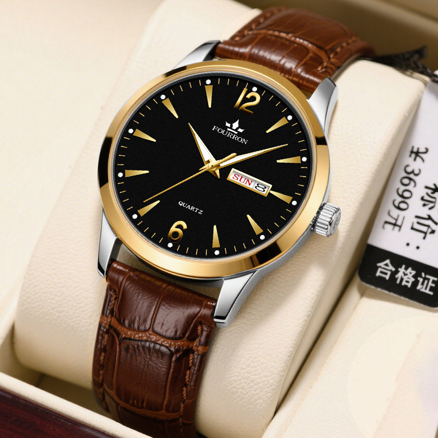 Men's Watch with Dual Calendar, Luminous, Genuine Leather Strap, Digital, Wholesale Waterproof Wristwatch for Men, Large Dial, Business Style