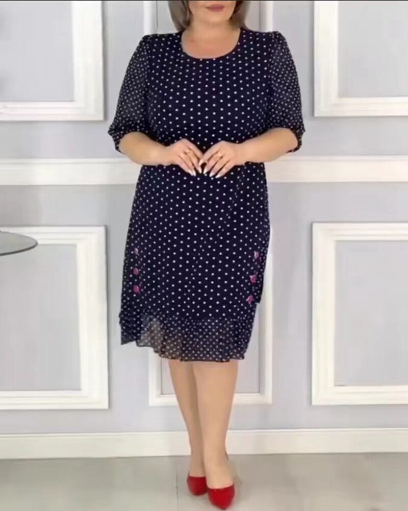 Polka Dot Midi Dress Summer Style Round Neck Short Sleeve Comfortable Fabric Perfect for Casual Outings Wholesale