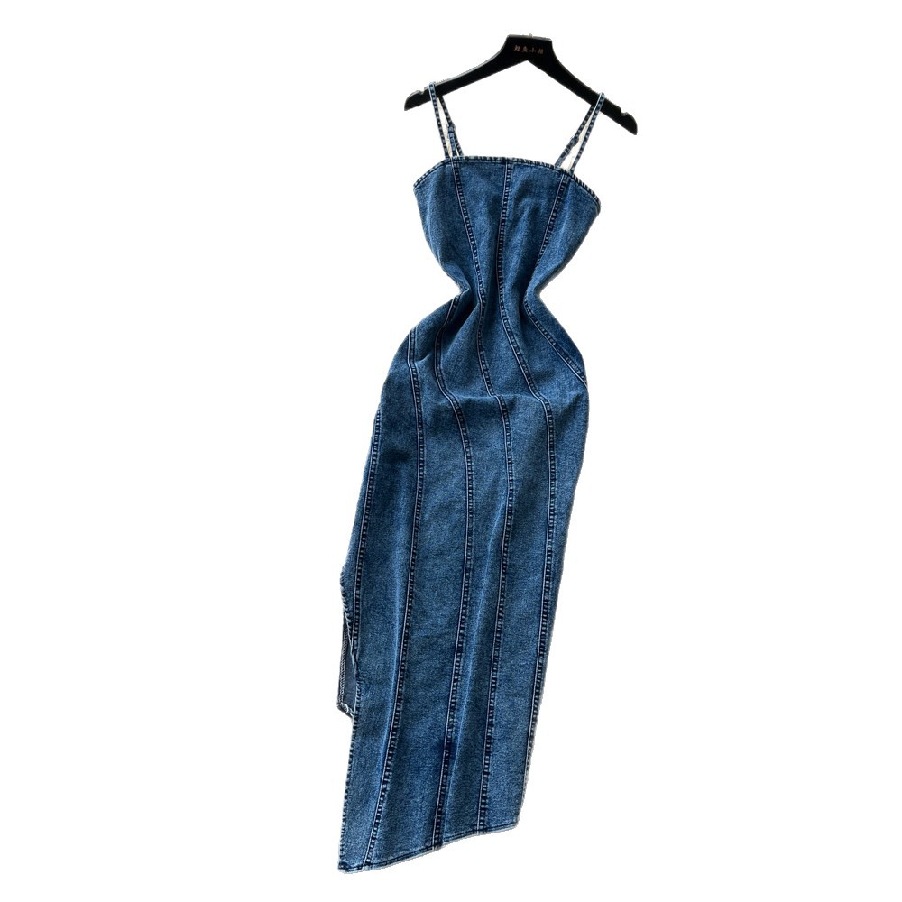 Korean Style Denim A Line Maxi Dress for Women Slim Fit High Waist Sleeveless Summer Fashion Wholesale Available