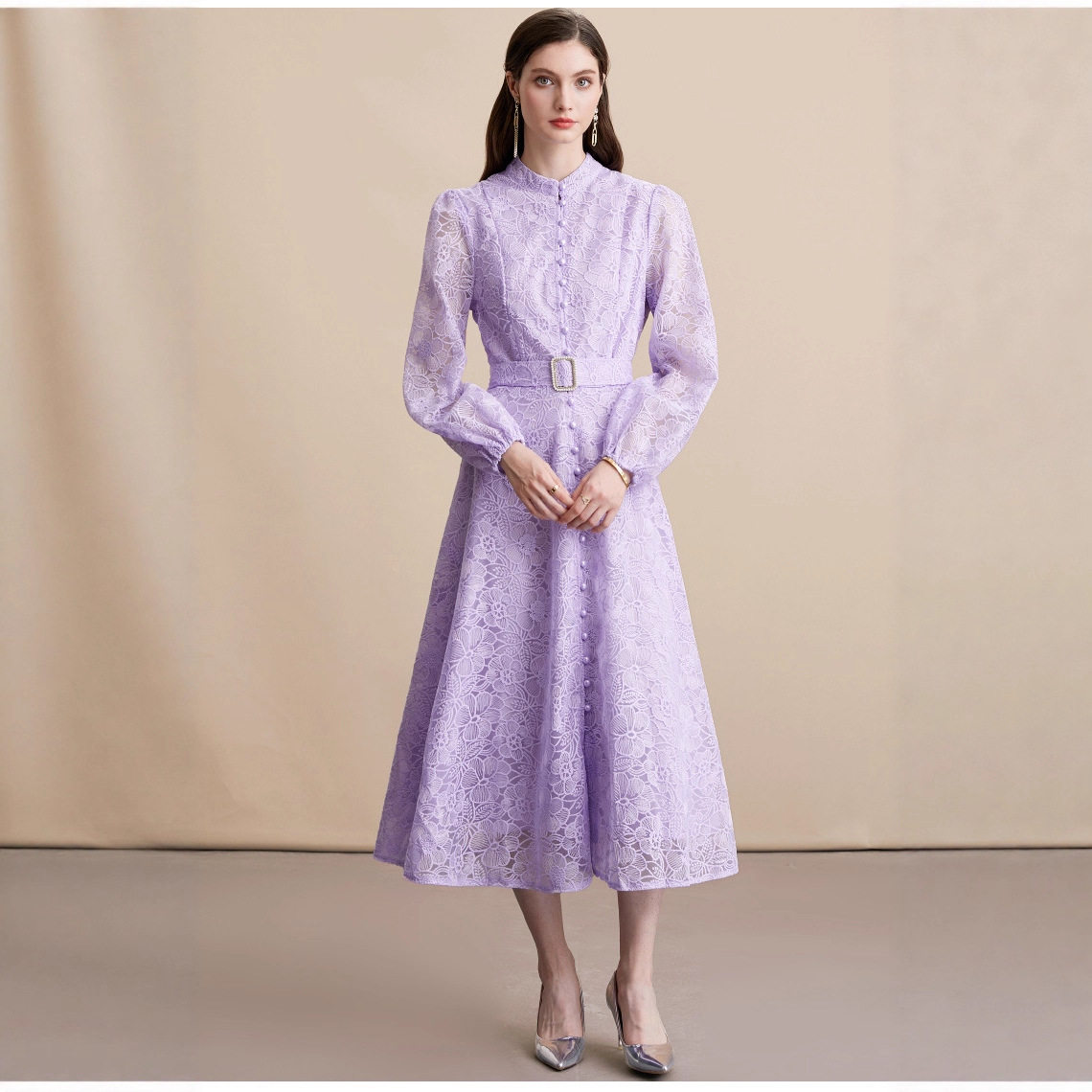 Elegant French Style Lace Embroidered Dress Stand Collar Button Closure Waist Defined Flared Skirt Autumn Fashion