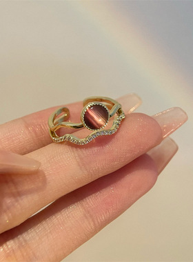 法式复古宫廷猫眼石传戒指女个性锆石双层小众开口食指戒E1122