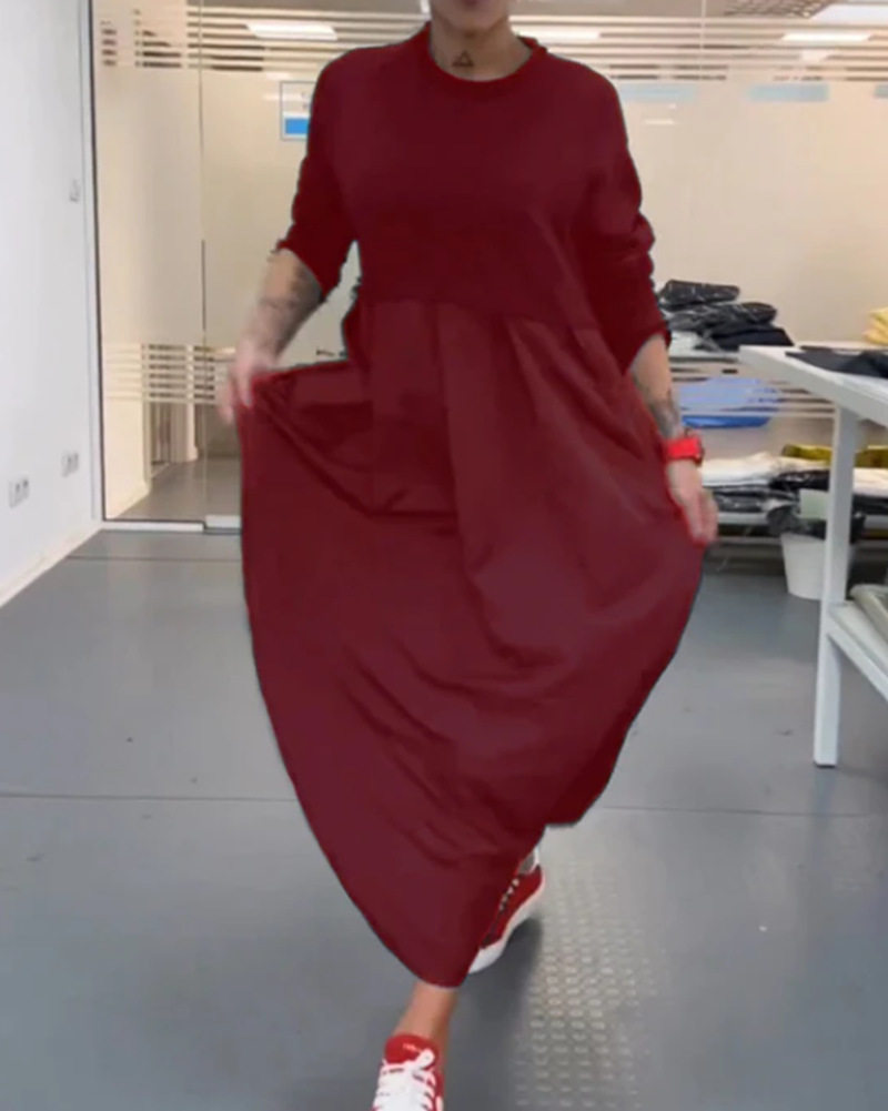 Womens Long Sleeve Solid Color Dress Elegant Fit Round Neck Autumn Winter Style Wholesale Available