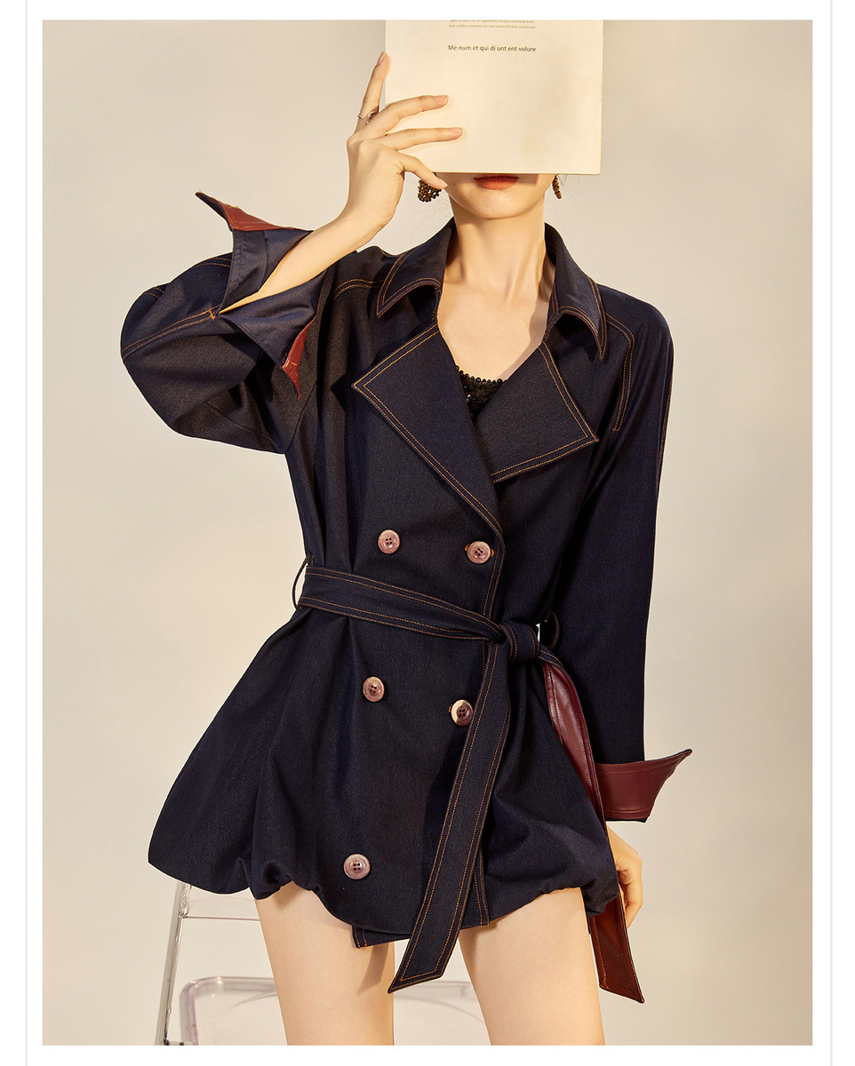 Áo khoác dáng trench denim phối chỉ tương phản cổ bẻ thắt eo dài trung — Xanh navy (giao hàng trong 7 ngày)