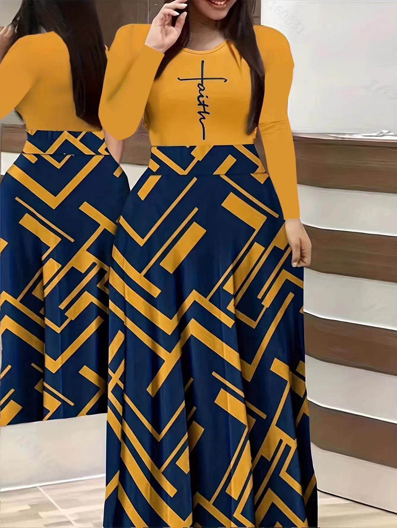 Women's Printed Casual Crew Neck Long-Sleeve Dresses