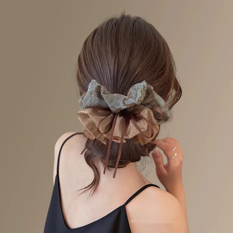 2025 New High-End Retro Floral Ribbon Scrunchie Large Bun Hair Tie Hair Rope