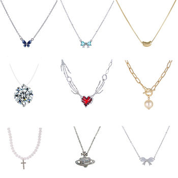 Cross pearl chain red love necklace hand clavicle chain neck chain ghost claw zircon bow necklace wholesale