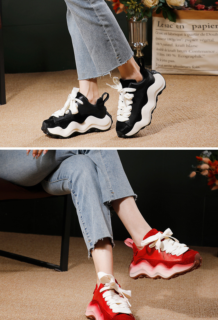 Giày sneaker nữ da bò thật cổ trung, dây buộc, đế dày — đen, màu đỏ