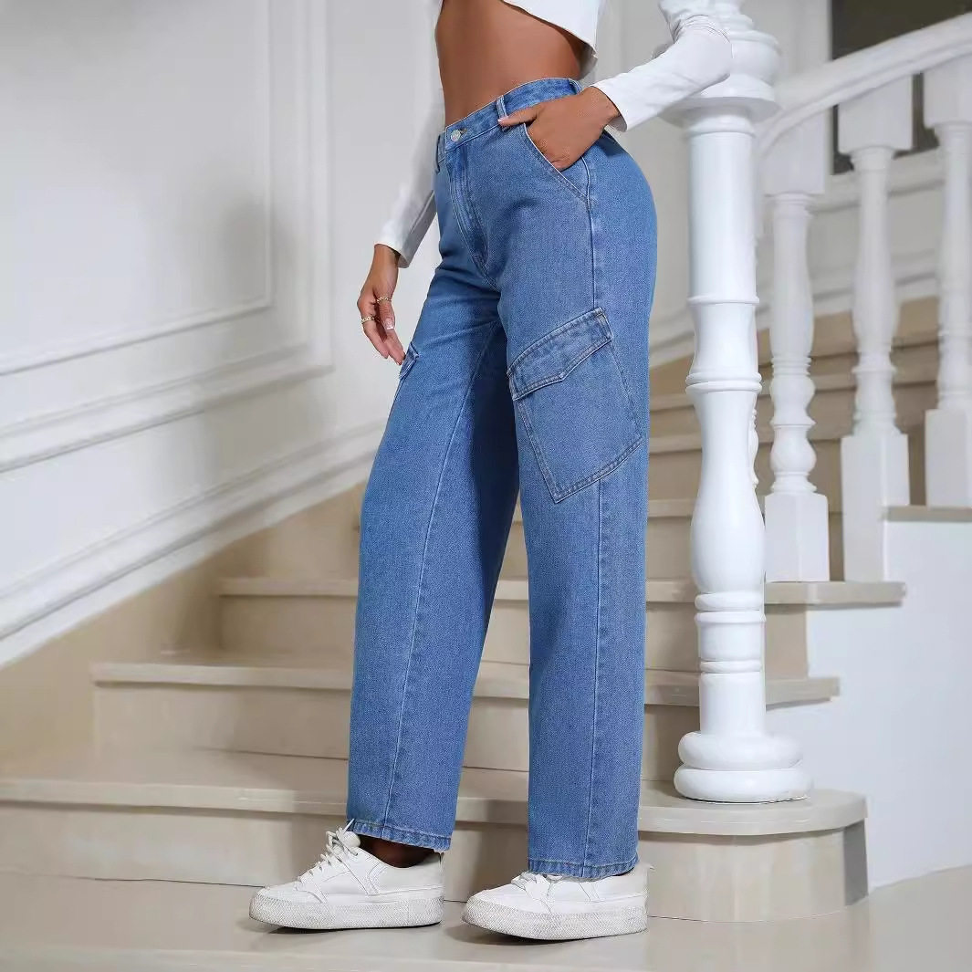 Womens Straight Leg Denim Jeans Trendy Street Style Pocket Design Casual Wear Wholesale Available