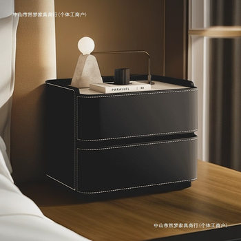 2025 New Saddle Leather Bedside Table Light Luxury High-End Luxury Villa Bedroom Leather All Solid Wood Bedside Storage