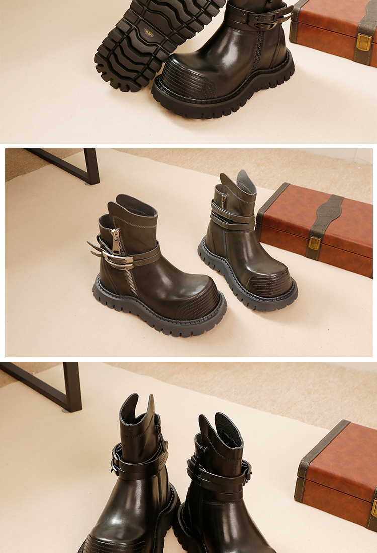 Boot nữ cổ thấp da bò thật gót thấp khóa kéo bên hông — màu xám