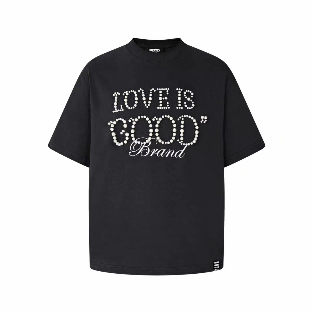 เสื้อยืดคู่รักแขนสั้น แบรนด์ Niche Tide รุ่นเก่าสีขาว GOOD National Tide พร้อมคำคมไข่มุก ลายดาวแดง ตามกระแสบล็อกเกอร์ รุ่น 25ss