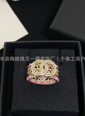 香家新款双C字母开口百搭小香风戒指时尚复古排钻对戒香奶奶指环