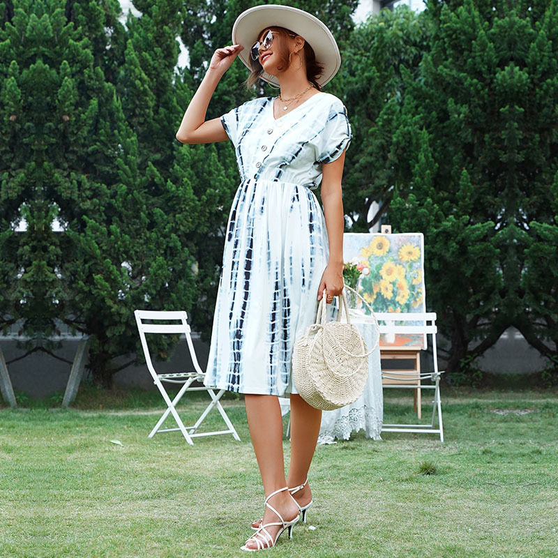Vintage Floral Tie Dye White Dress Summer Style Bohemian Aesthetic Womens Fashion Wholesale Available