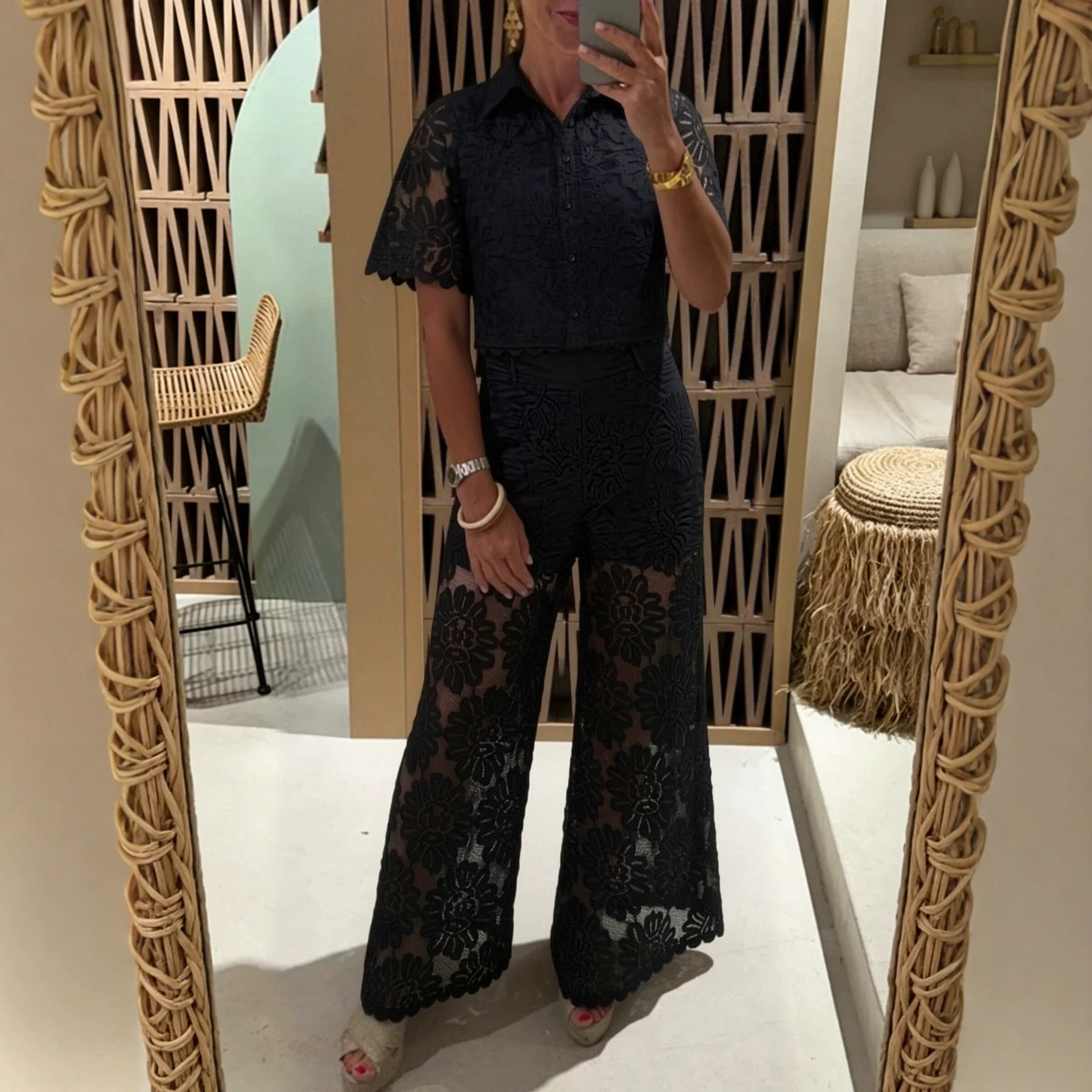 Lace Crochet Short Sleeve Top and High Waist Pants Set Elegant Design Solid Color Comfortable Fit Perfect for Casual