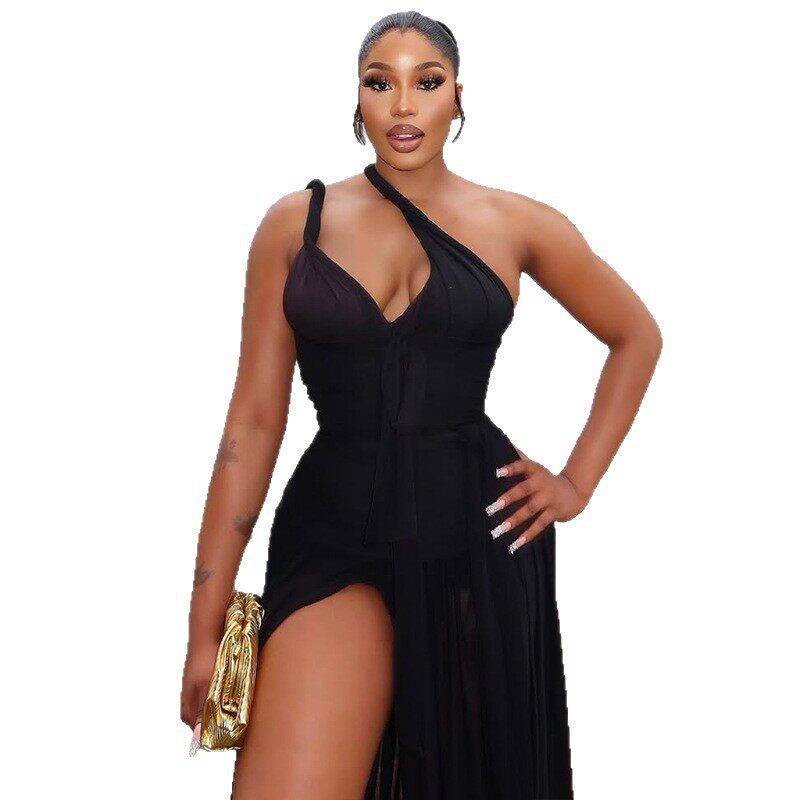 Fashionable Womens Bodycon Dress Solid Color Asymmetrical Hem Side Slit Off Shoulder Sexy Backless Evening Wear