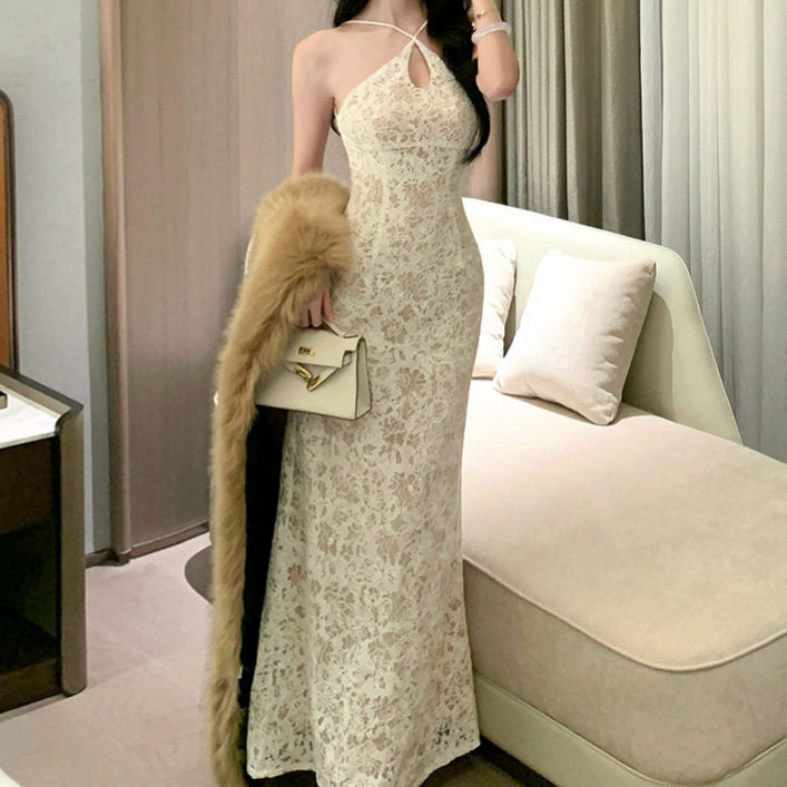 Elegant Lace Backless Halter Dress French Style Sleeveless Fishtail Slim Fit Perfect for Autumn and Winter Events
