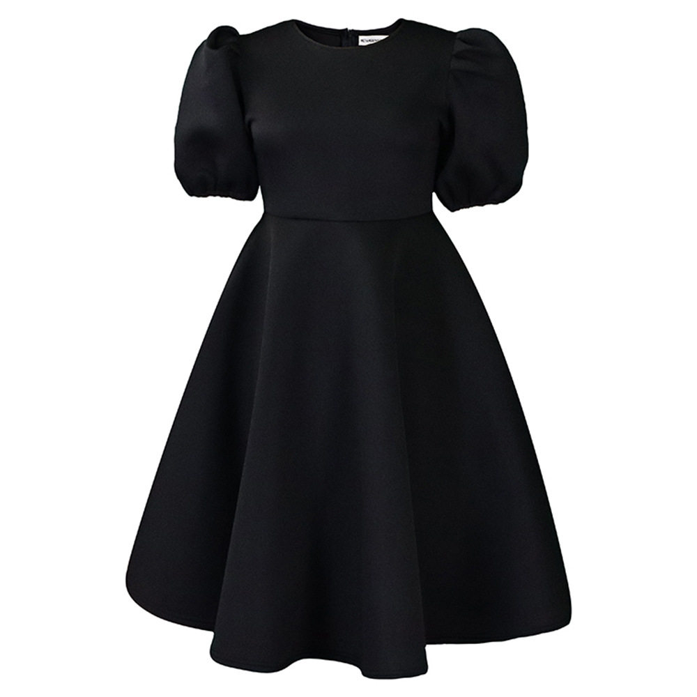 A Line Dress Round Neck Puff Sleeves Waist Defined Flowy Hem Elegant Evening Wear Wholesale Available