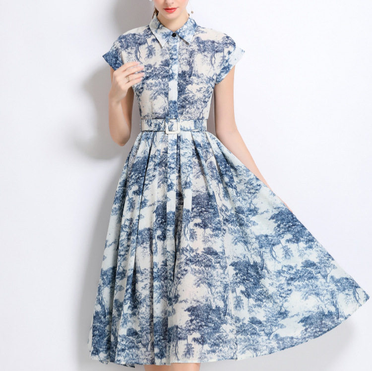 Vintage French Style Floral Short Sleeve Dress Waist Defining Flowy A Line Elegant for Summer Wholesale Available