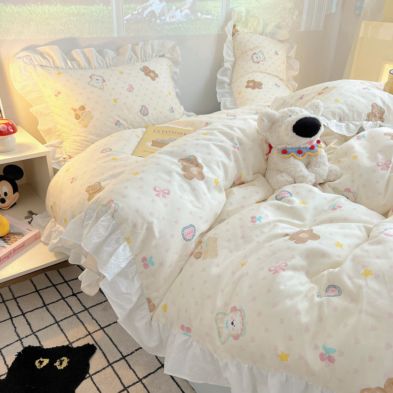 Cream Style Cotton Bed Four-piece Set Cotton Bedding Girl's Lace Quilt Cover Bed Sheet Person Student Dormitory Three-piece Set