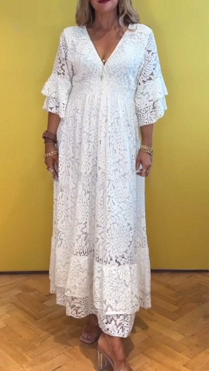Lace Hollow Out Deep V Neck Dress Summer Style Solid Color Elegant Design Perfect for Parties or Casual Outings