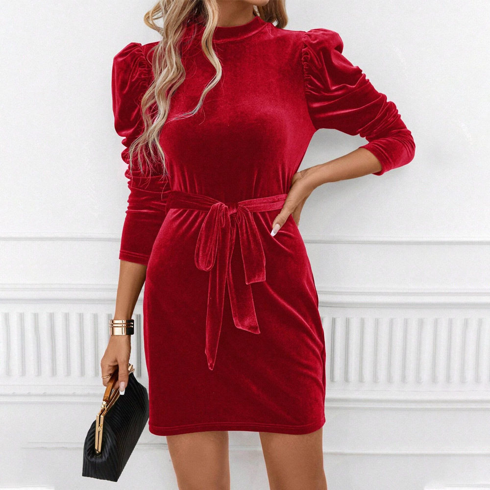 Velvet Bodycon Dress Elegant Tie Waist Long Sleeve Slim Fit Perfect for Parties and Events Wholesale Available