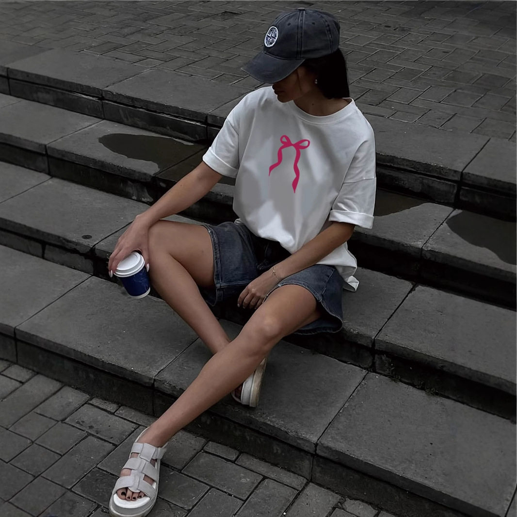 Womens Vintage Bow Print T Shirt Summer Casual Style Loose Fit Round Neck Short Sleeve 100 Cotton Wholesale