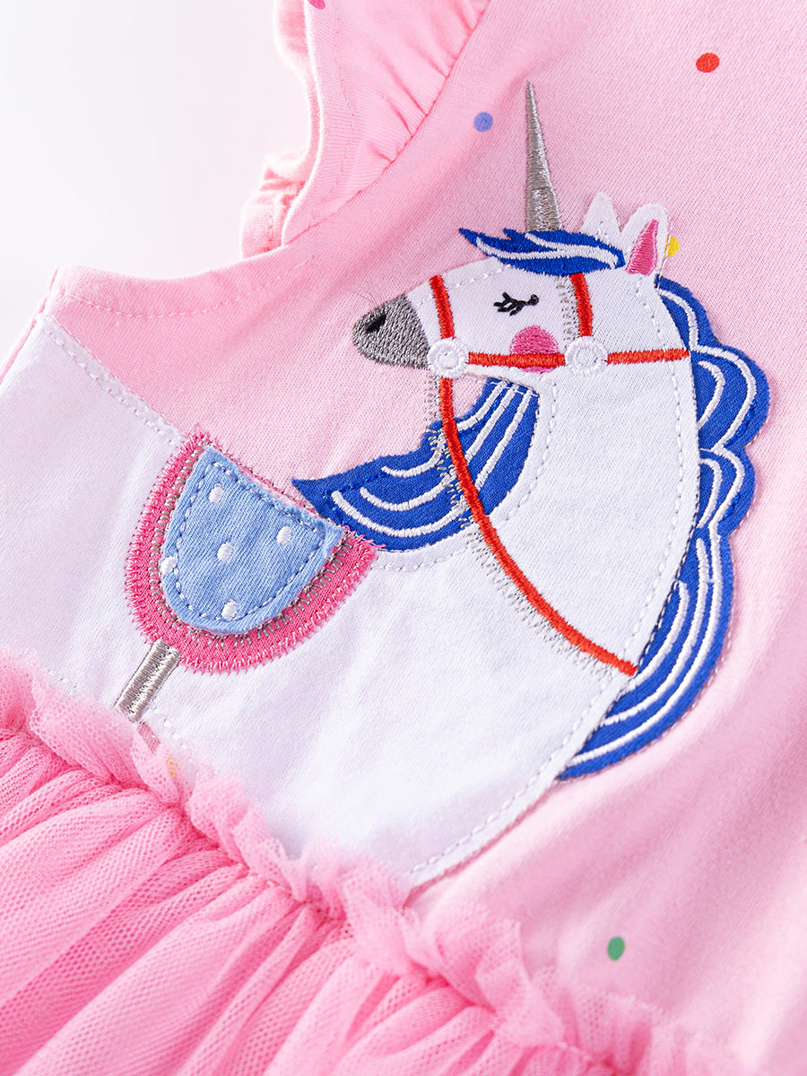 Girls' Tulle Dress, Summer Short-sleeve Kids' Dress, Cartoon Cotton Kids' Dress