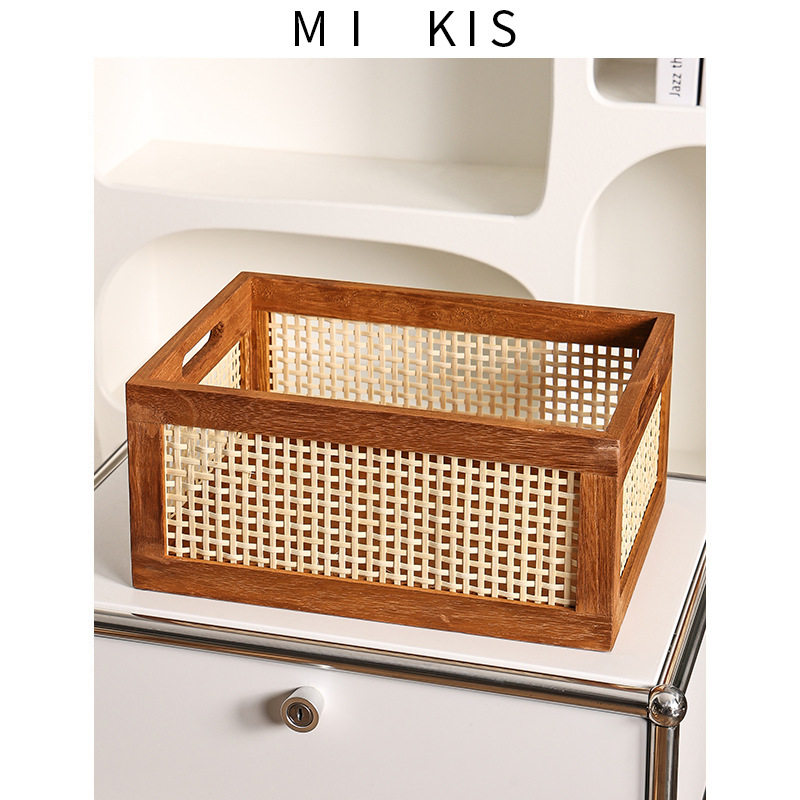Retro hollow rattan storage basket wooden rectangular storage box Japanese style living room toy book storage basket in stock
