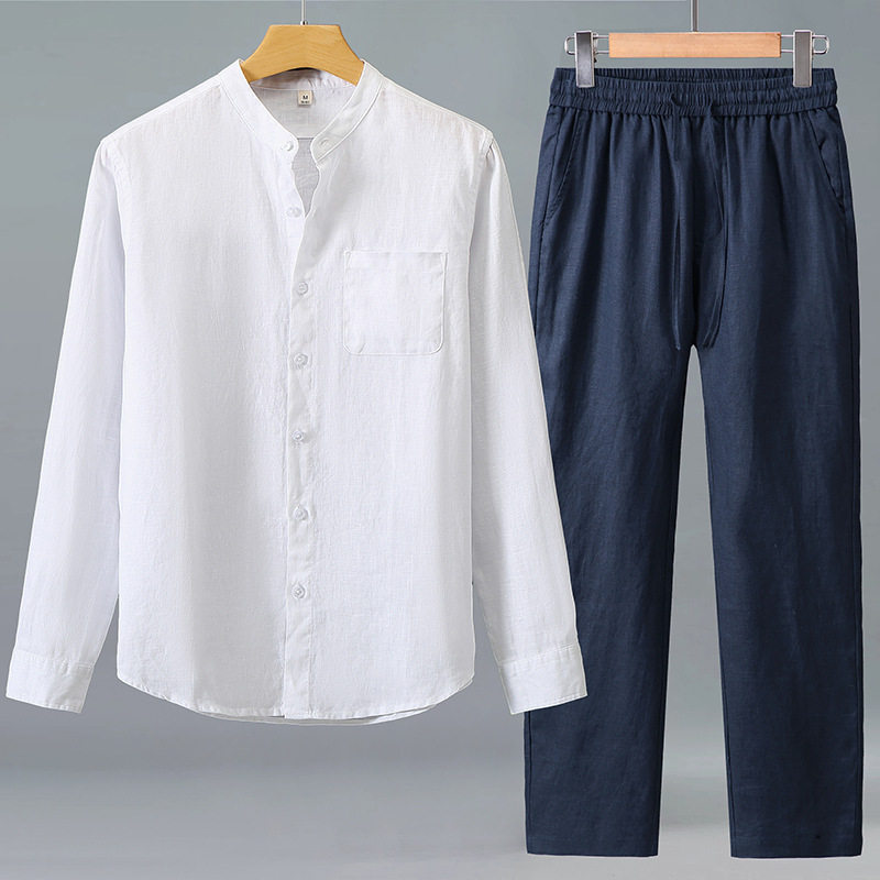 套装亚麻长袖衬衫男中国风休闲纯麻口袋宽松开衫长裤麻料外穿