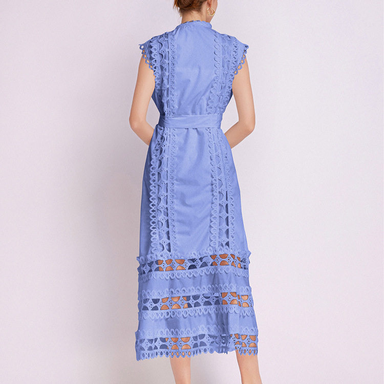 French Lace A Line Dress Hollow Out Ruffled Hem Waist Tie Elegant Style Summer Occasion Wholesale Available