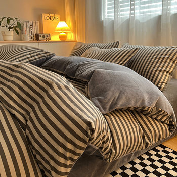 Autumn and Winter cotton plus velvet milk velvet four-piece set simple style A version washed cotton + B version thickened flannel bed sheet quilt cover
