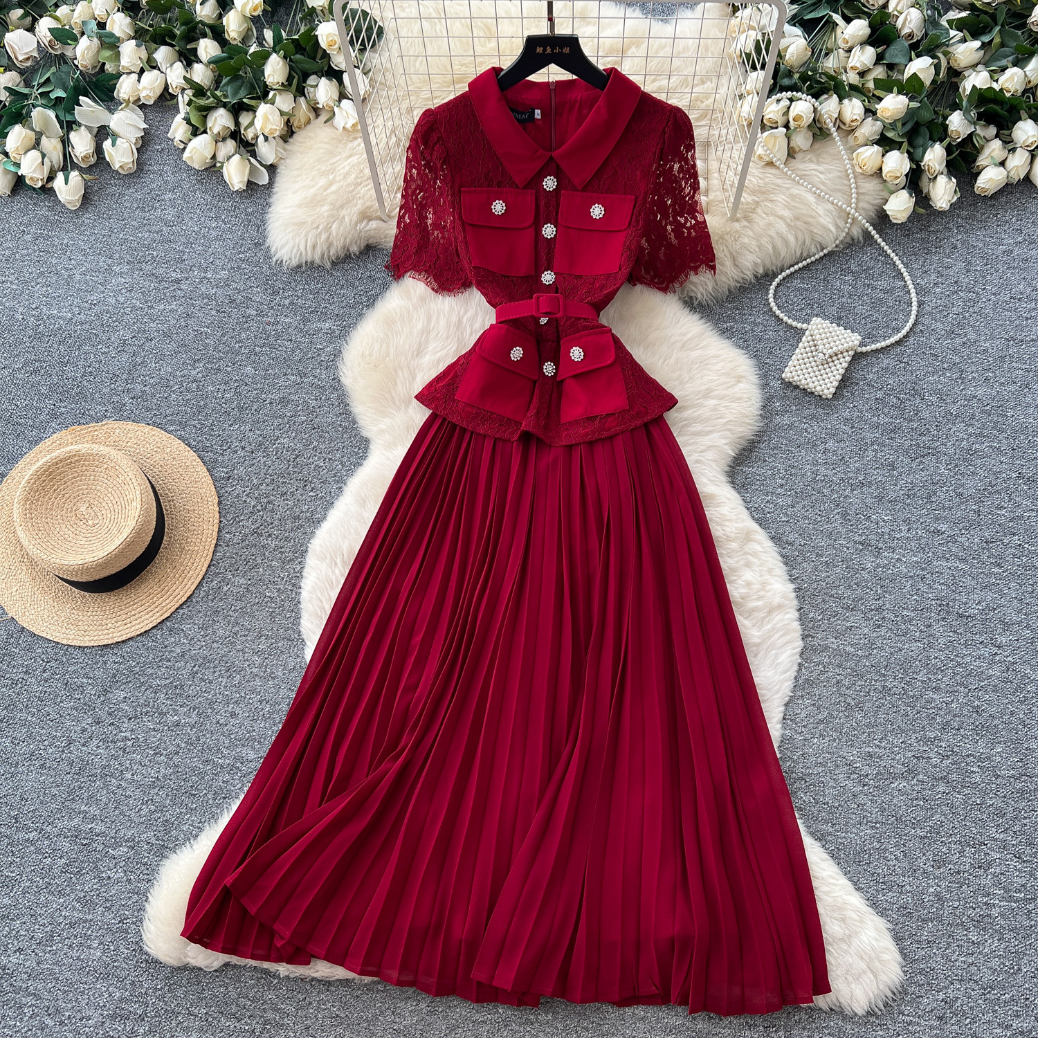 Red Lace Trimmed Dress French Chic Elegant Pleats Summer Style Perfect for Commuting and Special Occasions